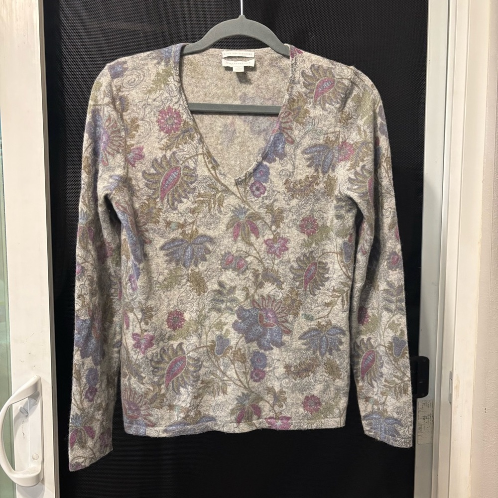 Charter Club 2-Ply 100% Cashmere Sweater Gray Floral Soft Cozy Warm